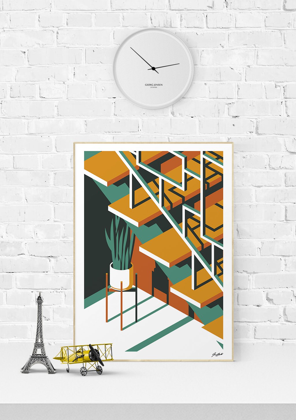 Art abstrait géométrique avec escalier, plantes, couleurs vives
