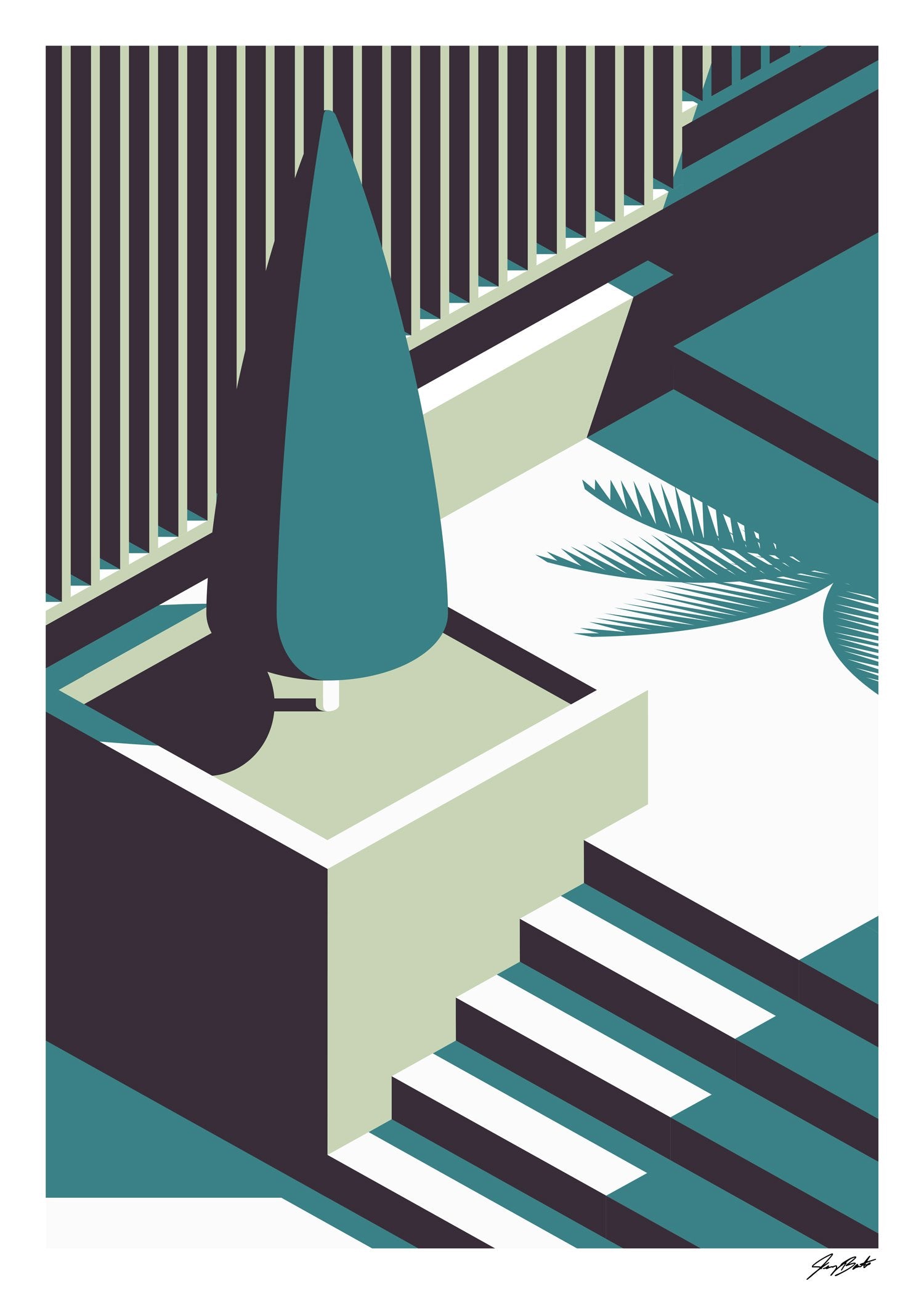 Arbre, escalier, lignes, formes géométriques, couleurs bleu-vert