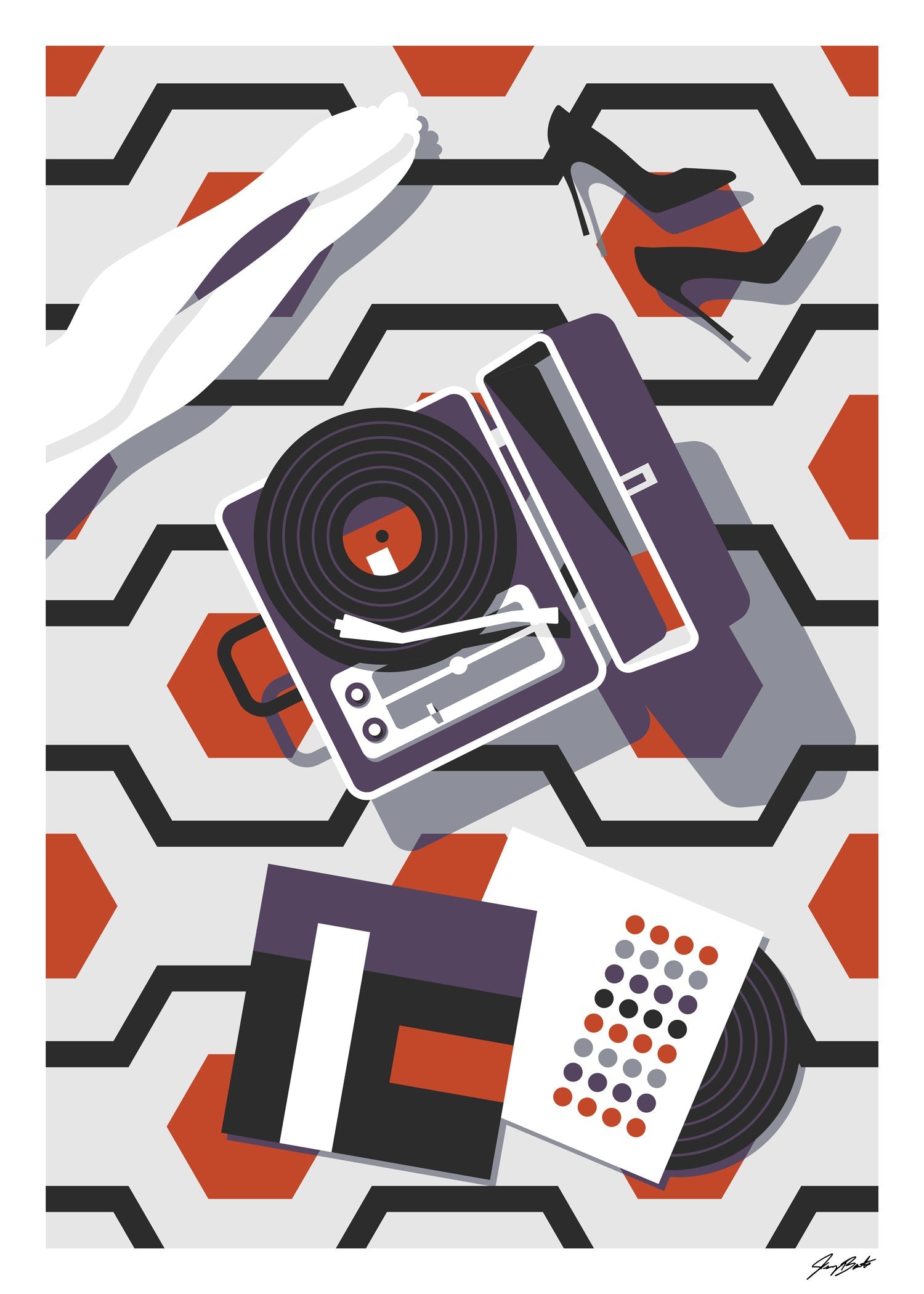 Illustration abstraite de platine vinyle et main, fond géométrique