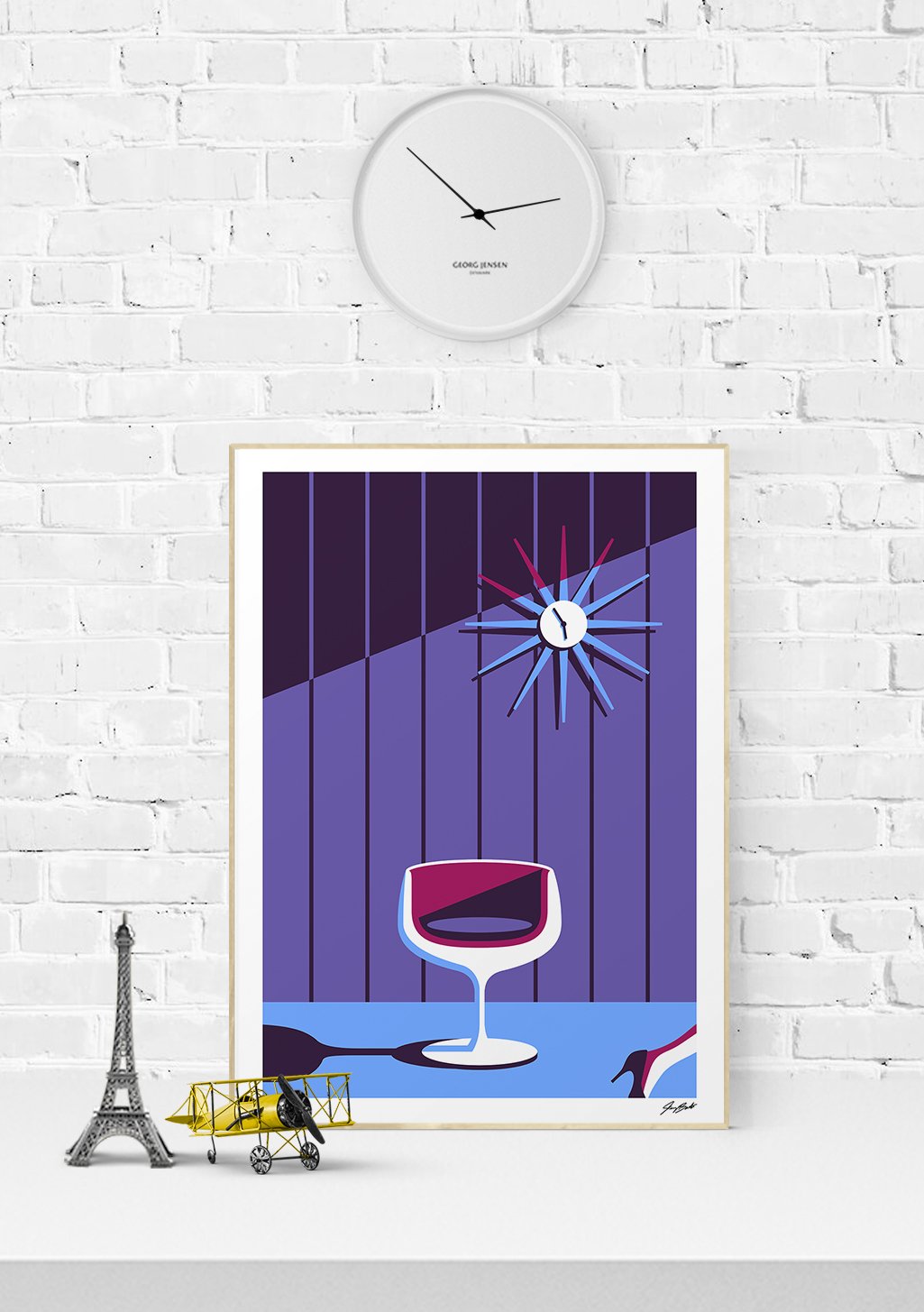 Verre à vin violet, lignes verticales, horloge stylisée, fond violet