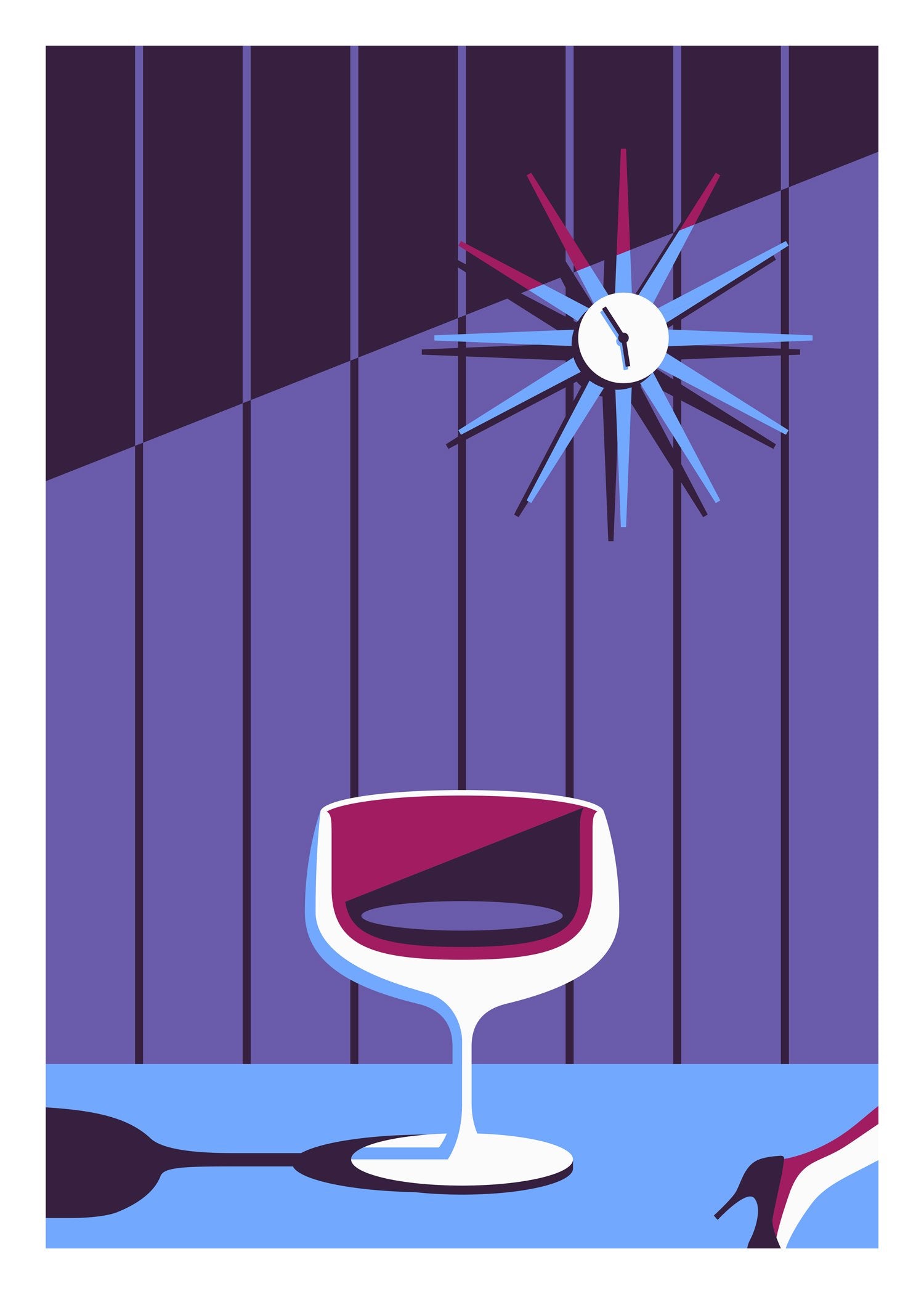 Verre à vin, horloge, fond violet, lignes verticales, lumière bleue, chaise rouge