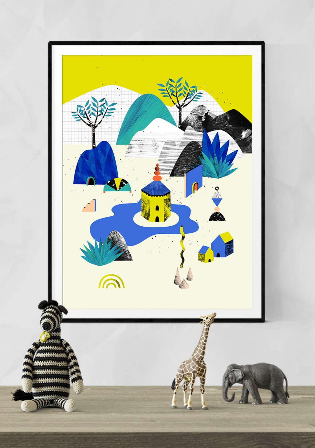 Art abstrait, paysage, maisons, arbres, montagnes, couleurs vives, formes géométriques