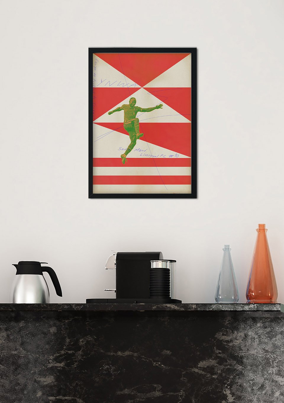 Art abstrait avec figure verte sur fond rouge et blanc