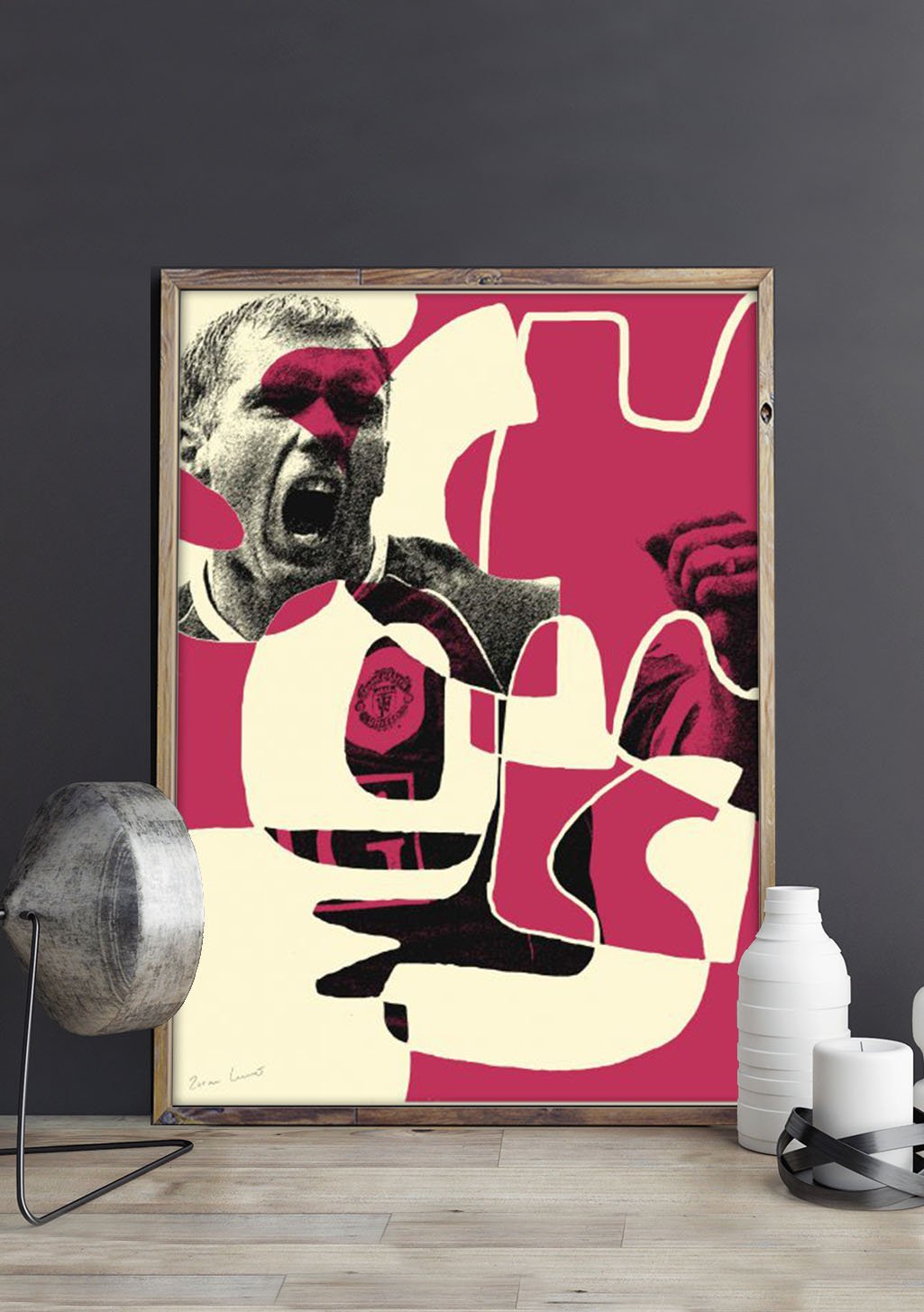 Art abstrait, homme criant, rouge et blanc, mains levées, cadre en bois