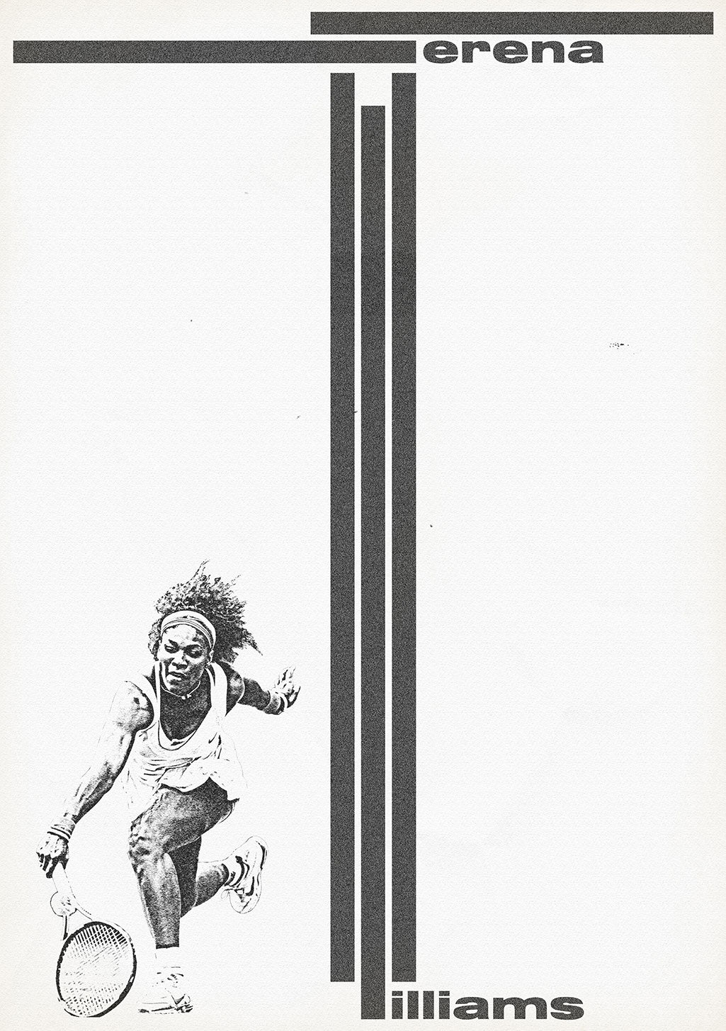 Tennis, athlète, raquette, mouvement, lignes verticales, Williams, texte, noir et blanc, sportif, dynamique, design, minimaliste