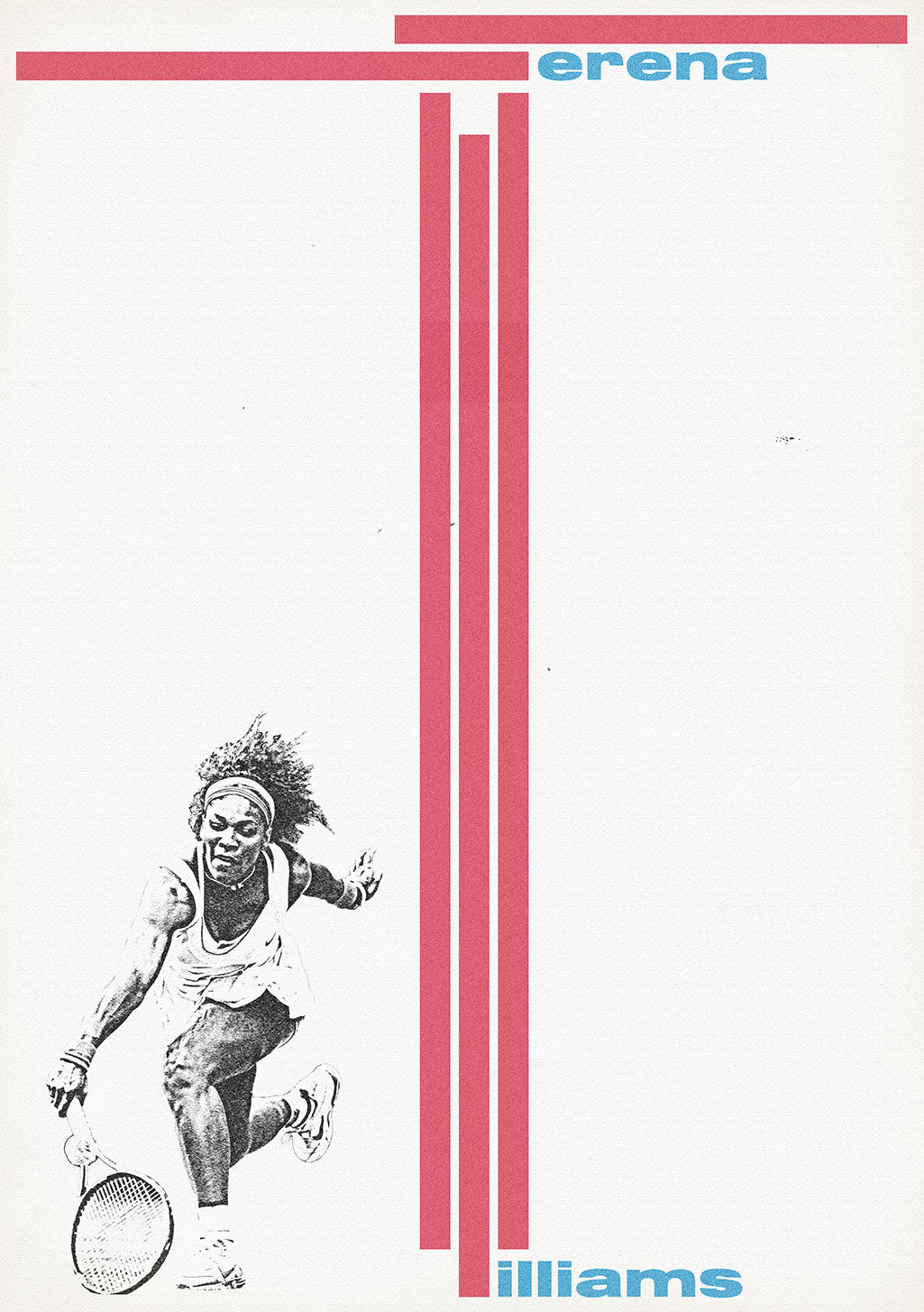 Tennis, athlète, raquette, lignes rouges, texte bleu, Williams, design sportif, action, énergie, blanc et noir, graphique