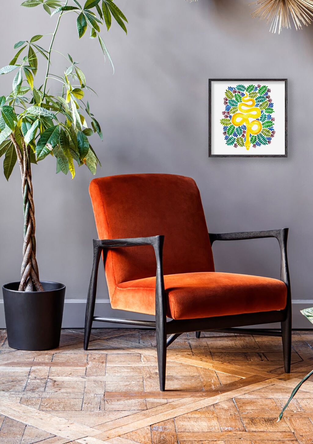 Poster coloré avec des feuilles et des fruits
