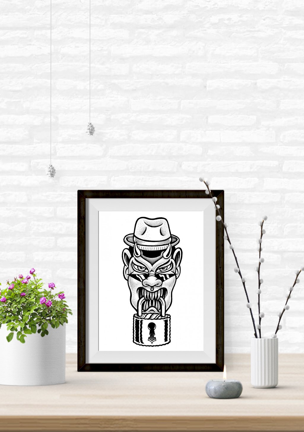 Homme avec chapeau, barbe, tête dans bocal, illustration en noir et blanc