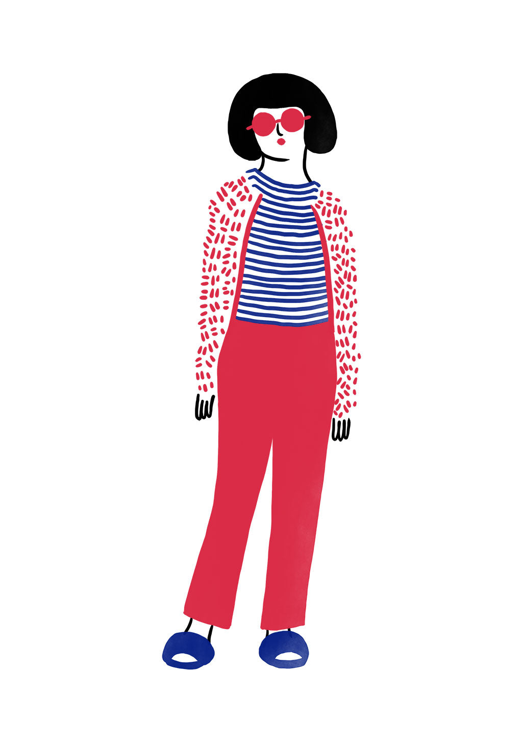 Personnage stylisé portant des lunettes de soleil, pull rayé, pantalon rouge, chaussures bleues
