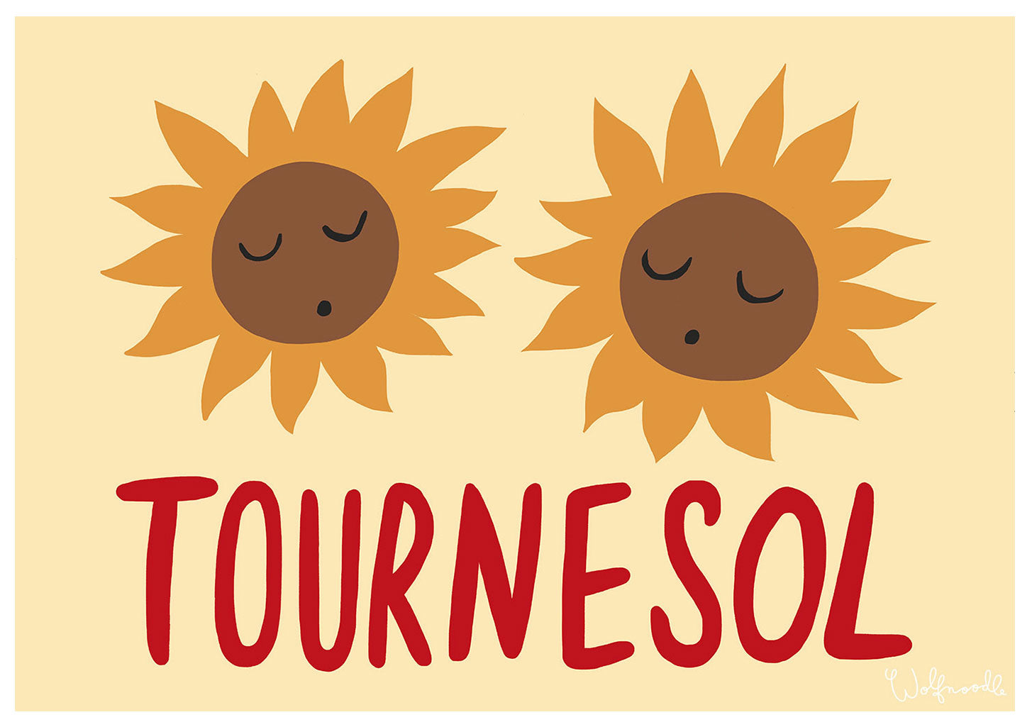 Deux tournesols endormis, texte rouge, fond jaune clair