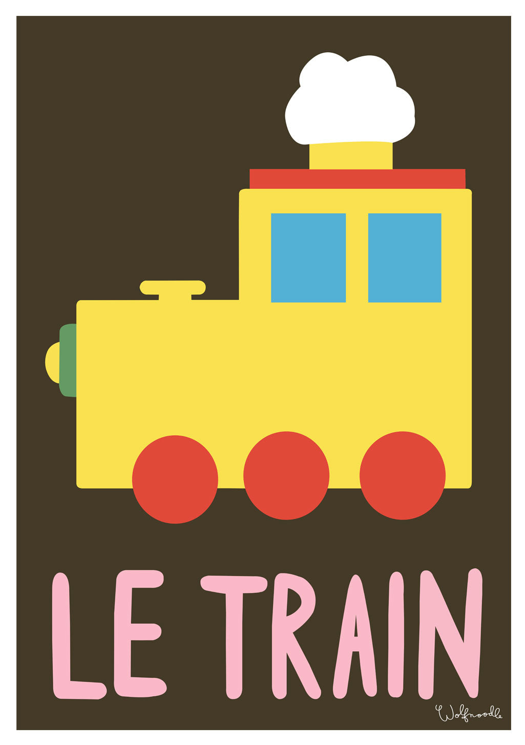 Train jaune avec fumée, fenêtres bleues, texte rose "LE TRAIN"