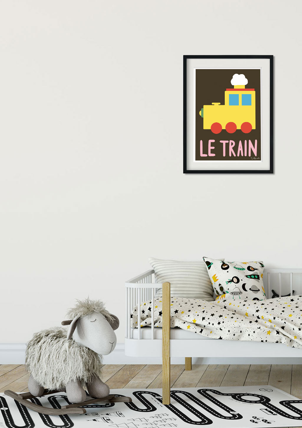 Train jaune, texte rose, nuage blanc, fond marron