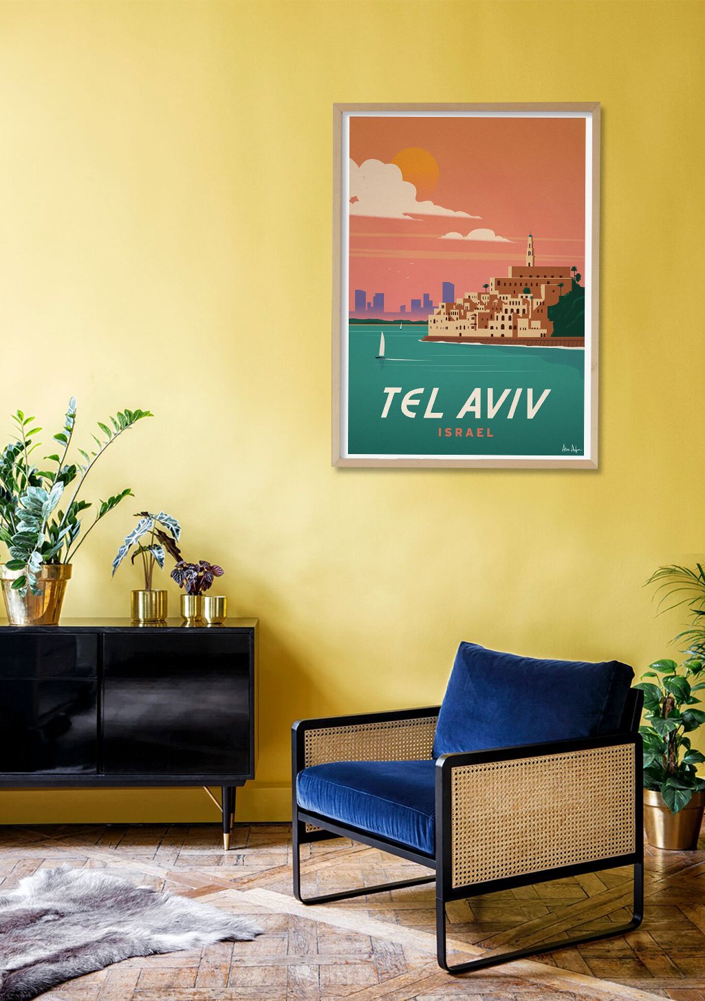 Poster de Tel Aviv, Israël, ville côtière, coucher de soleil, bâtiments, mer, ciel rose