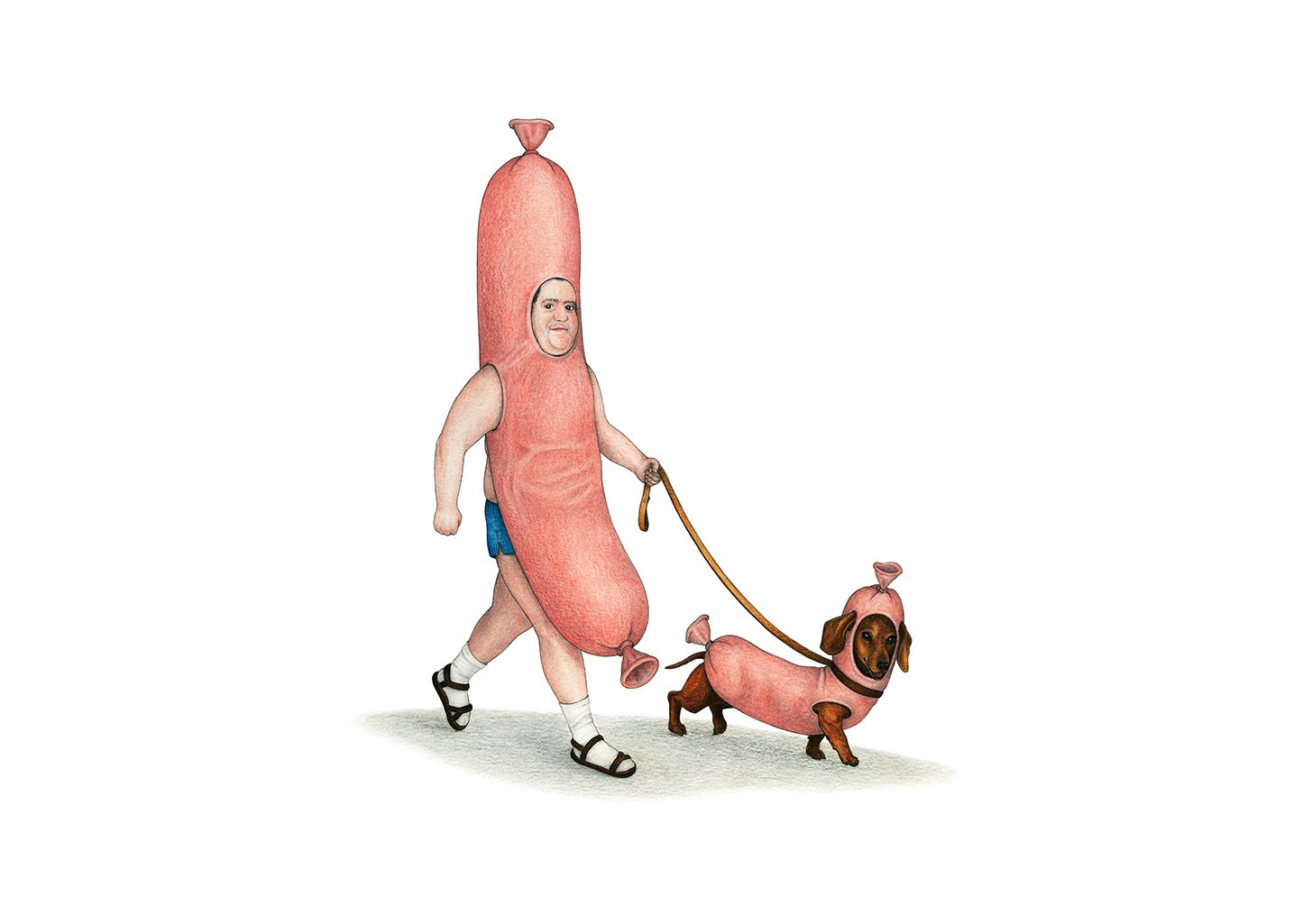 Personne déguisée en saucisse promène un chien déguisé en saucisse