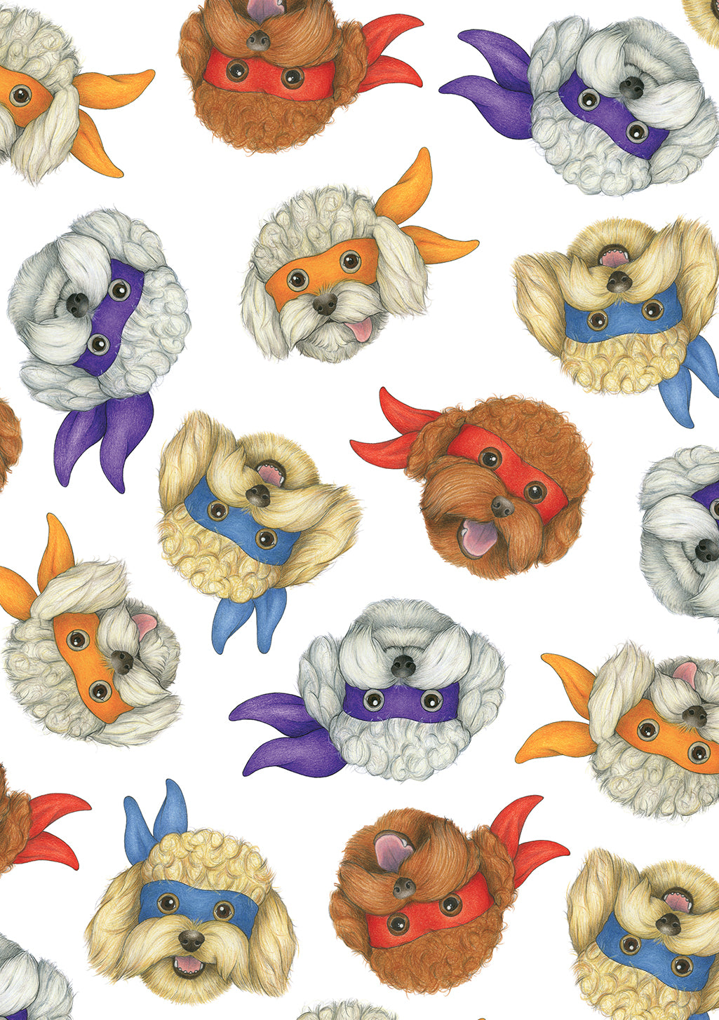 Chiens avec des masques colorés, motifs répétitifs, style de dessin animé