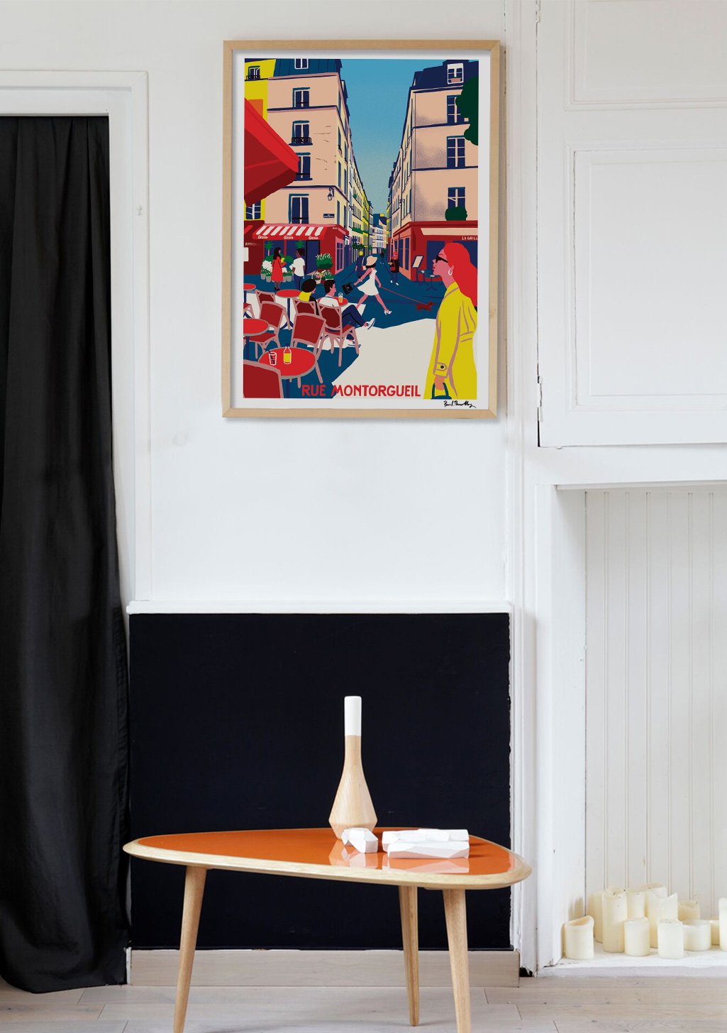 Poster Montorgueil Paris rue scène de rue colorée