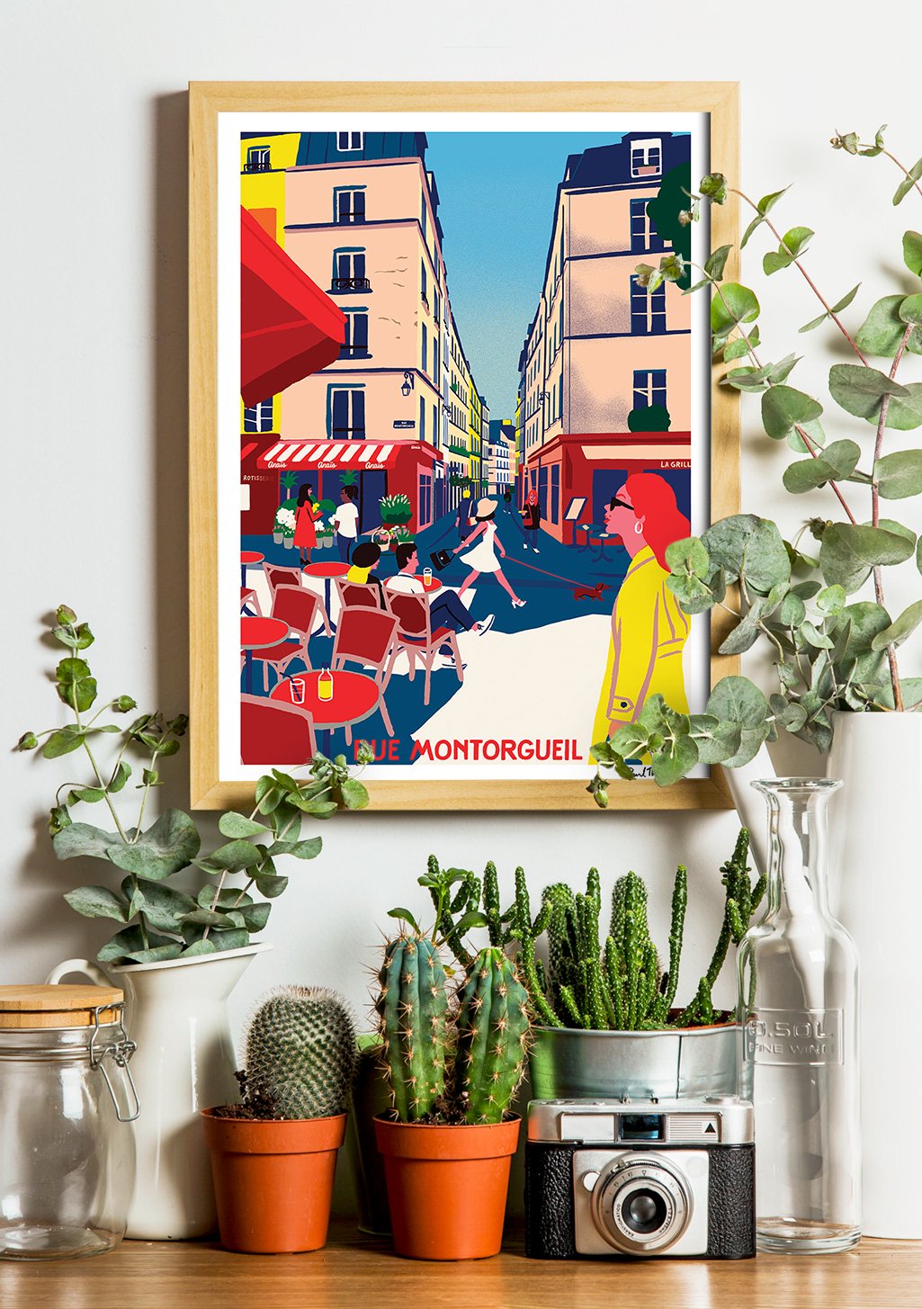 Poster Parisien, Rue Montorgueil, Café, Couleurs vives, Personnes, Bâtiments