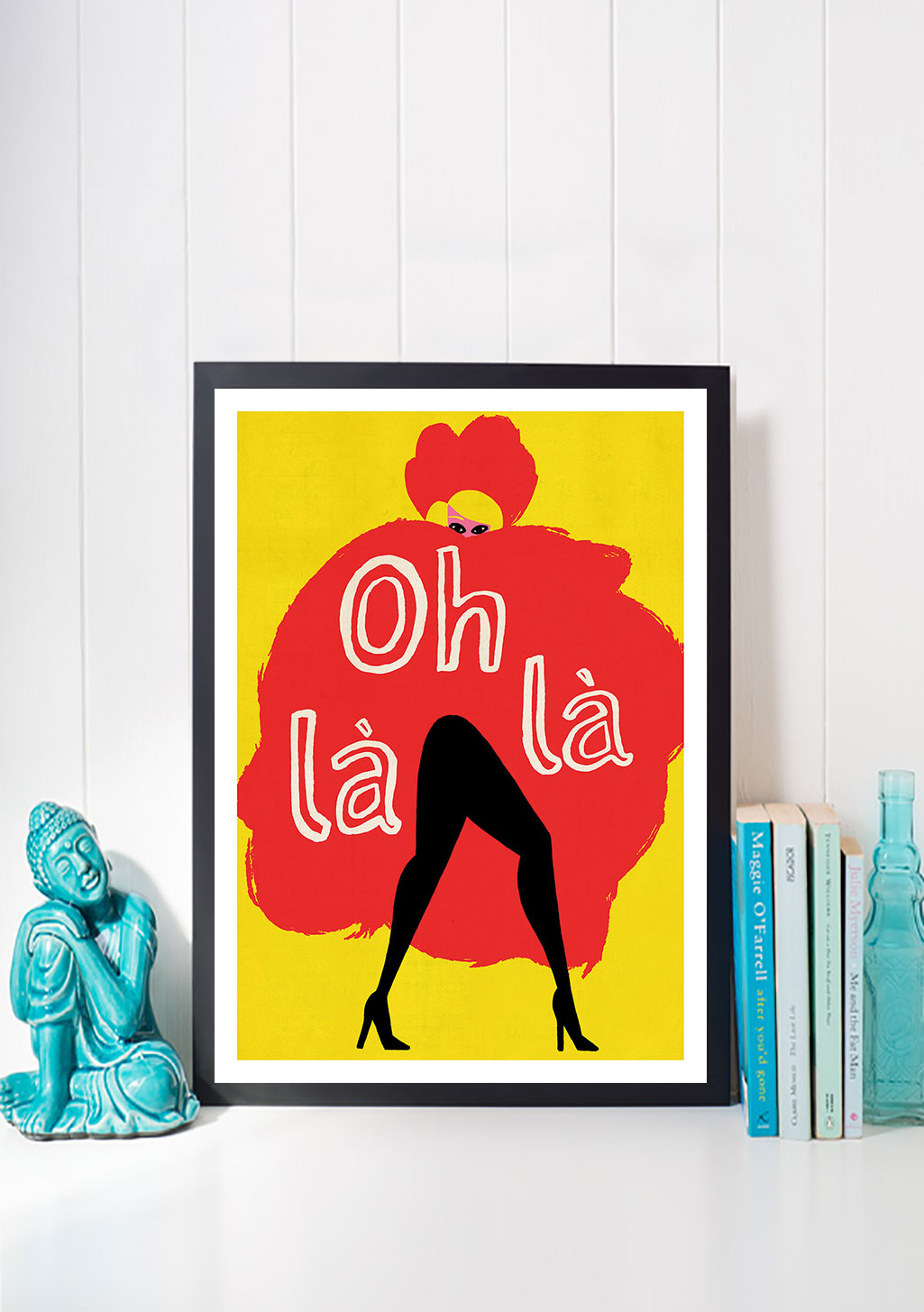 Femme rouge, texte "Oh lala", jaune, jambes, talons, art déco