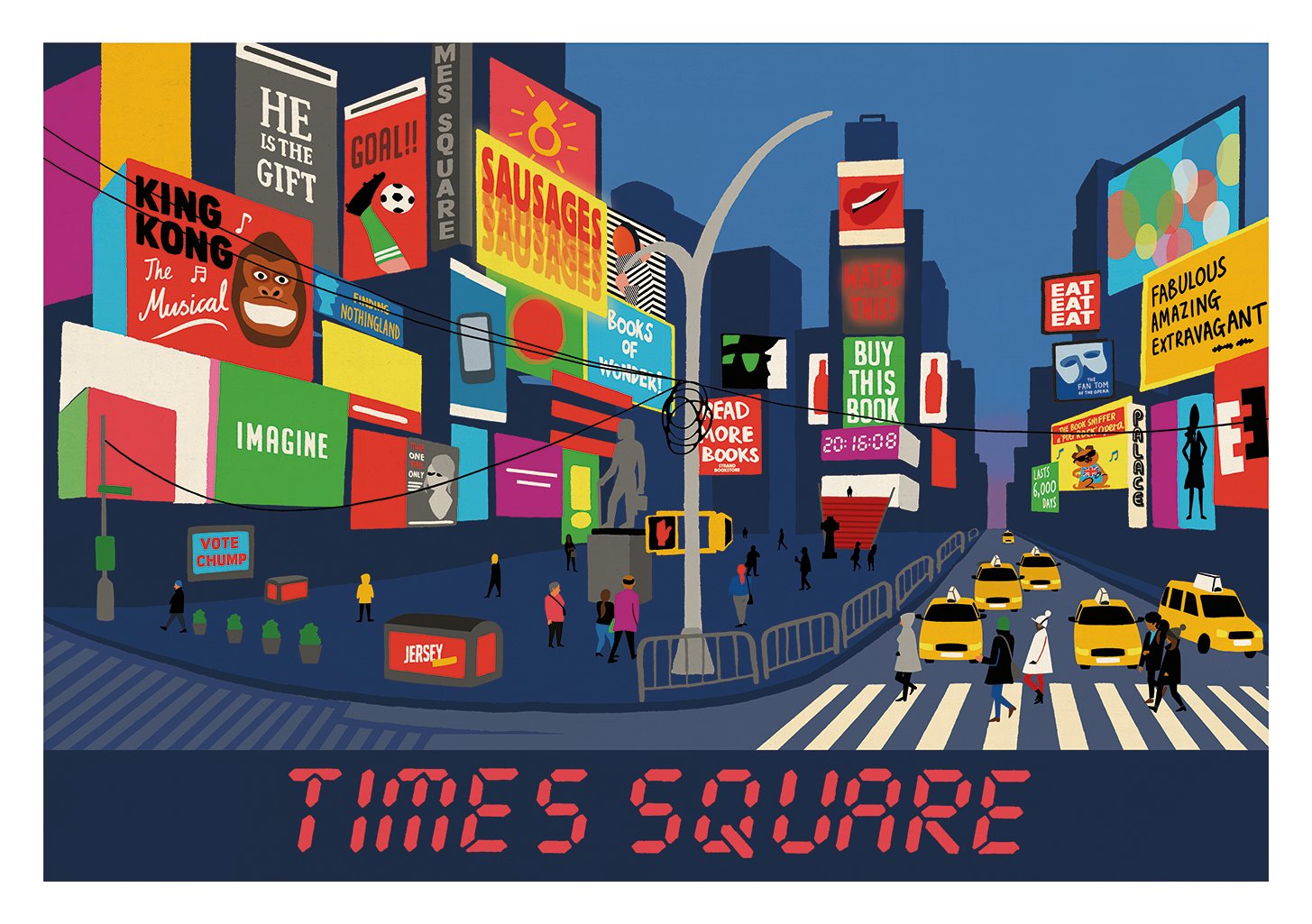 Illustration colorée de Times Square avec des publicités et des piétons