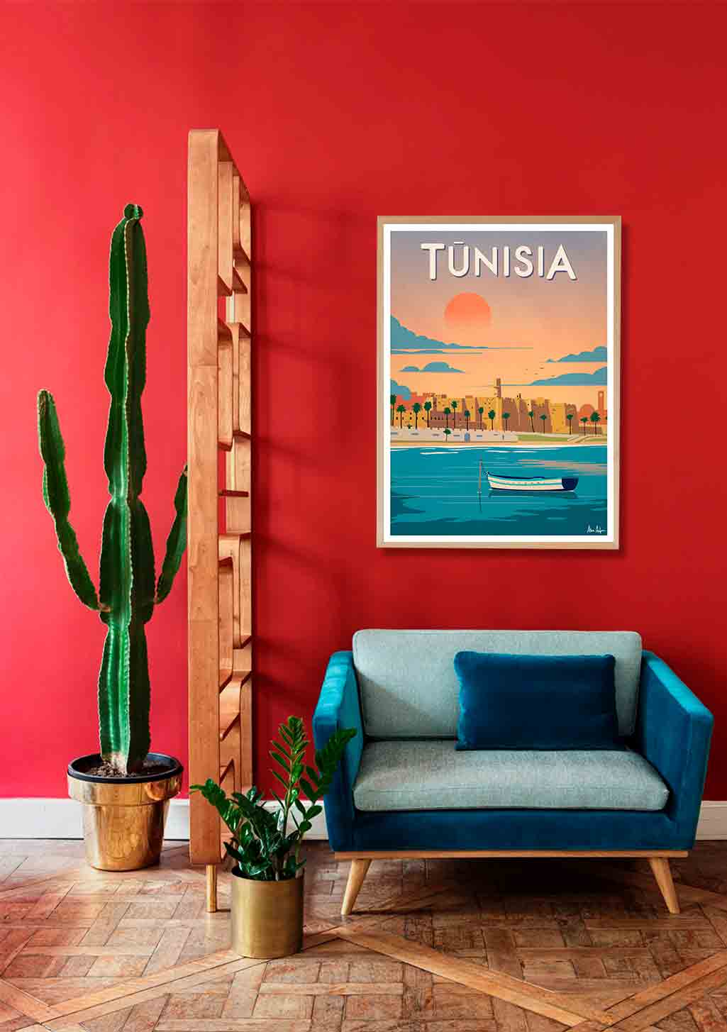 Poster de Tunisie, bateau, coucher de soleil, ville, mer, ciel bleu