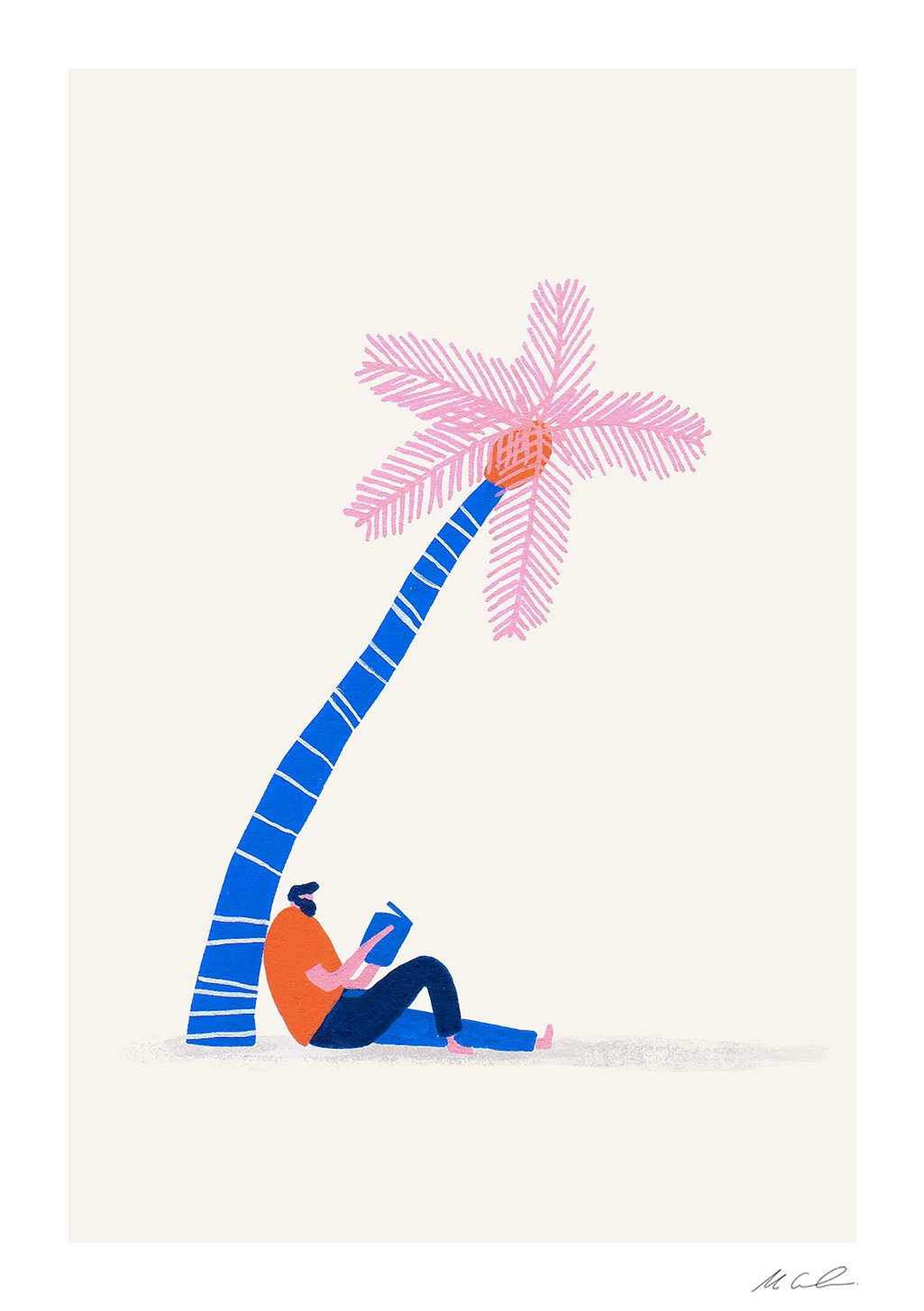 Illustration stylisée d'une personne lisant sous une palme rose
