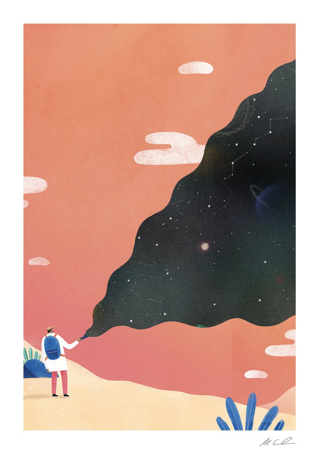 Personne regardant le ciel nocturne, étoiles, couleurs chaudes, nature, ciel rose, silhouette sombre