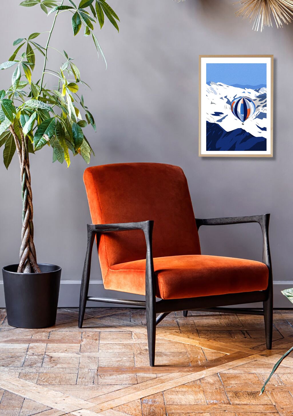 Montagne, Ballon, Bleu, Blanc, Ciel, Neige, Art, Moderne, Encadré, Mur, Décoration, Intérieur