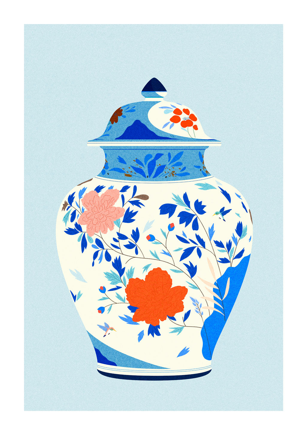 Vase bleu et blanc avec fleurs orange et roses
