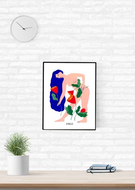 Femme bleue, rose, feuilles, horoscope, Vierge