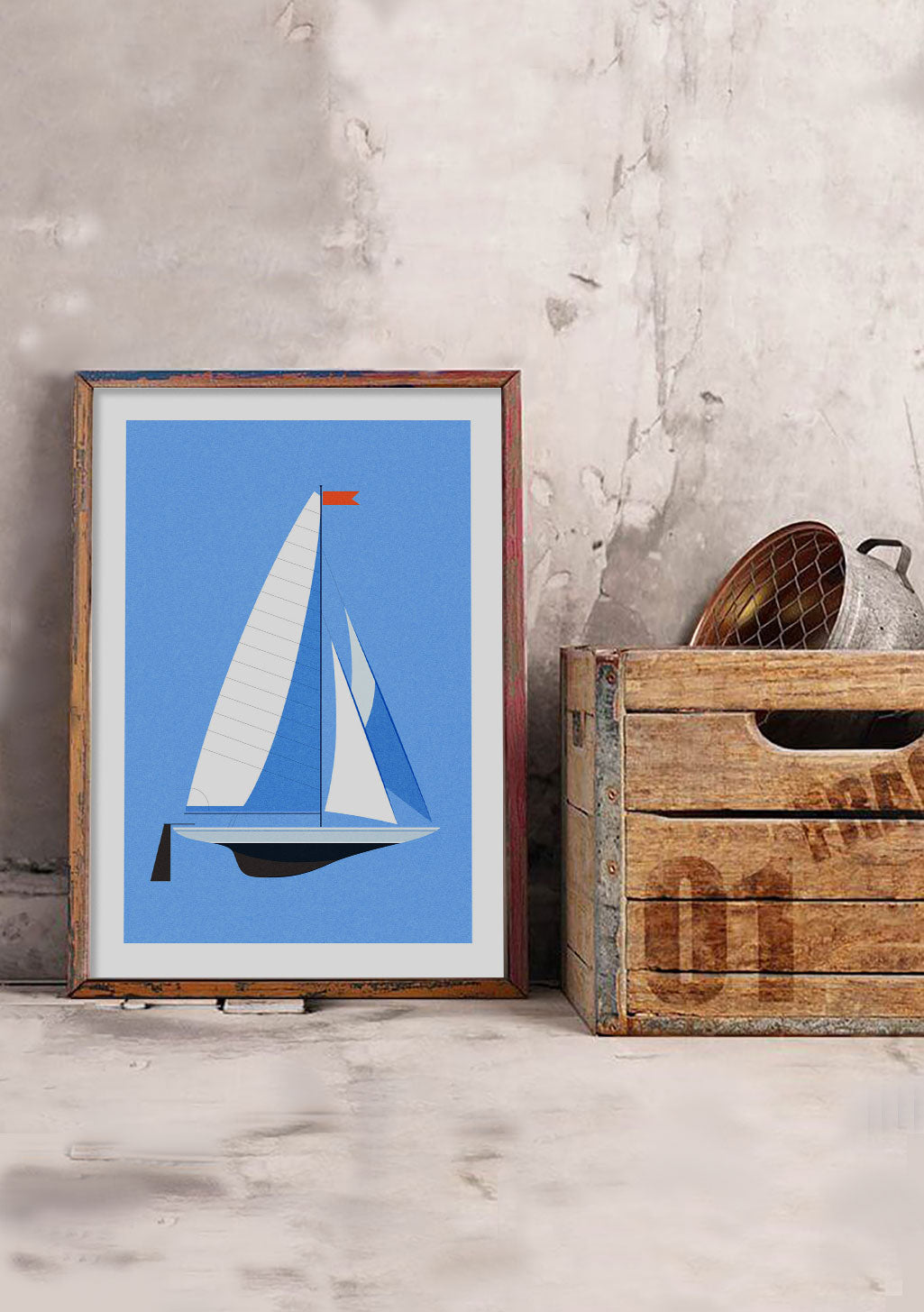 Voile, bleu, bateau, voiles, mer, art, cadre, bois, mur, décoration, intérieur, style