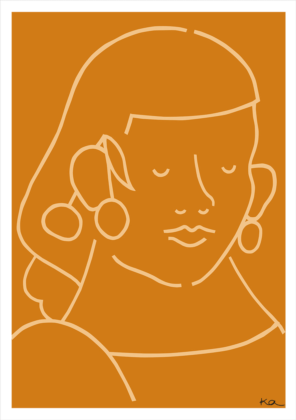 Illustration stylisée d'une femme avec des boucles d'oreilles, cheveux courts, fond orange