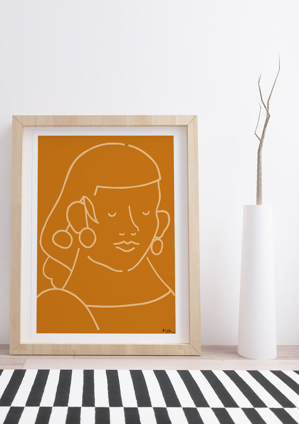 Art minimaliste orange visage femme ligne