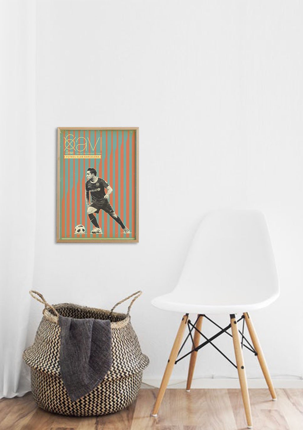 Poster de football avec joueur, ballon, fond rayé rouge et vert