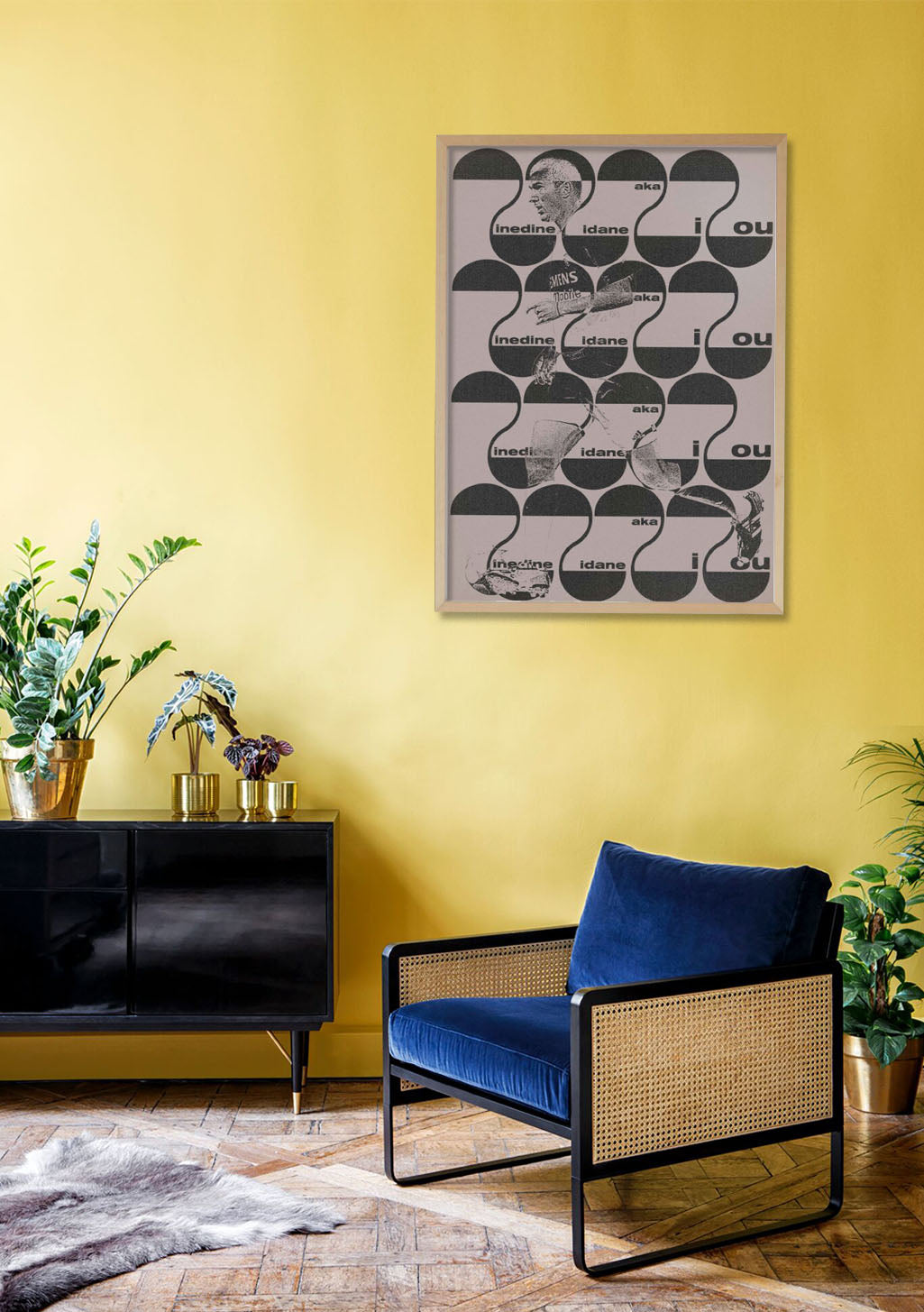 Poster noir et blanc avec motifs circulaires et texte répétitif