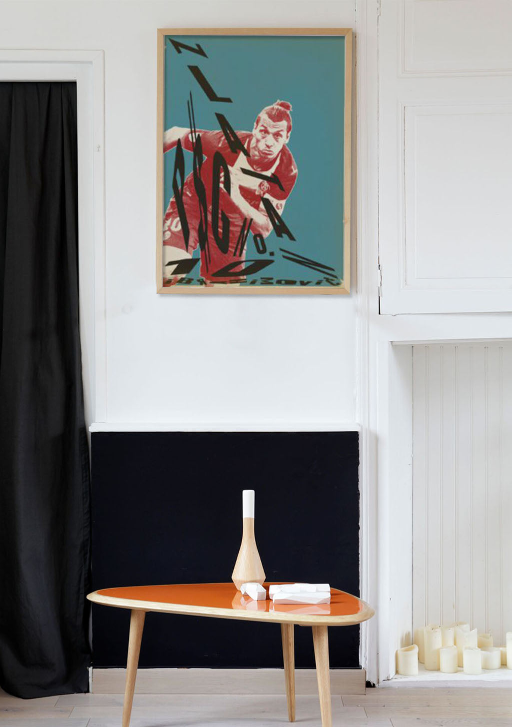 Poster d'homme en rouge, style artistique, fond vert, lignes noires