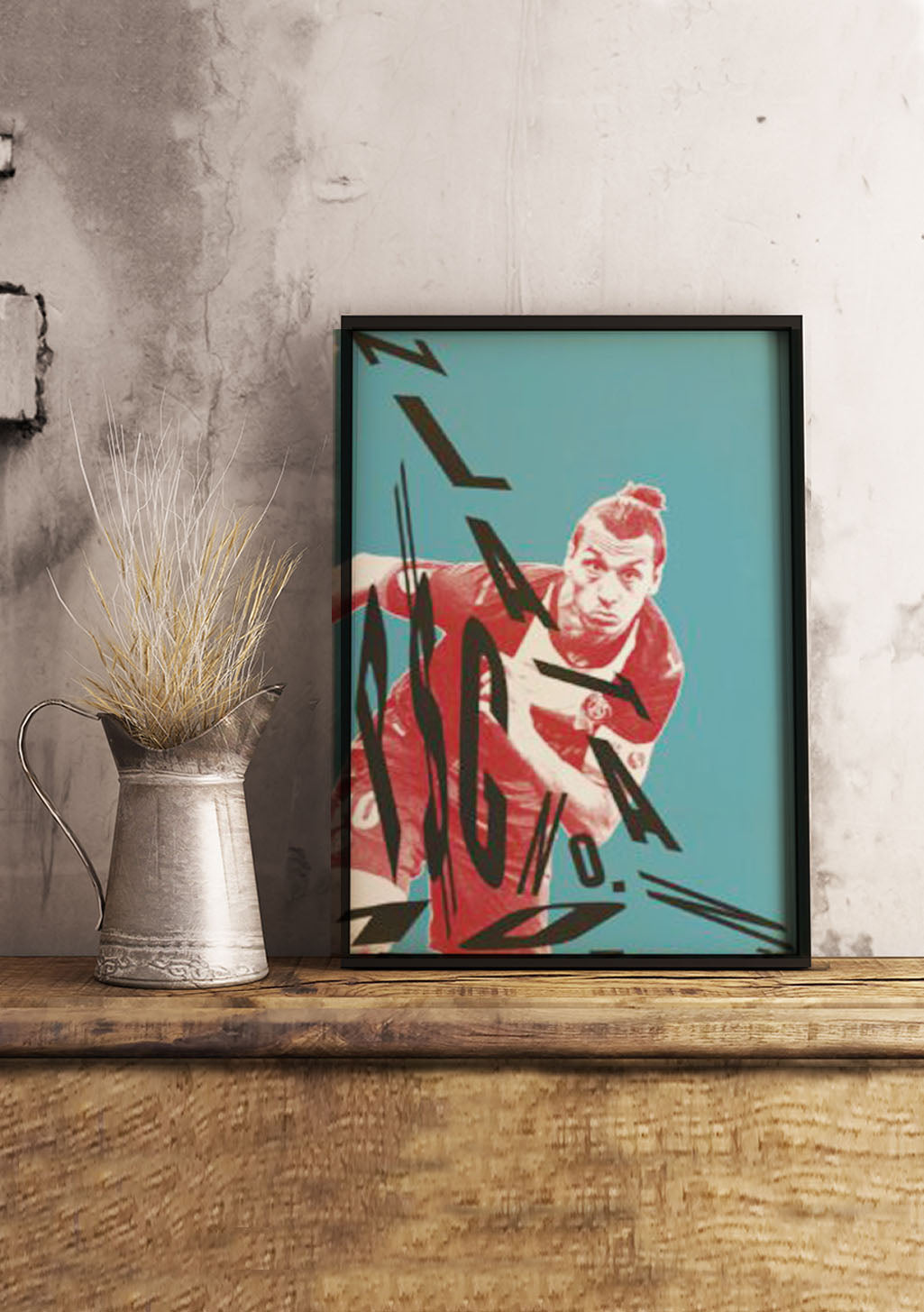 Homme en rouge, fond bleu, lignes abstraites