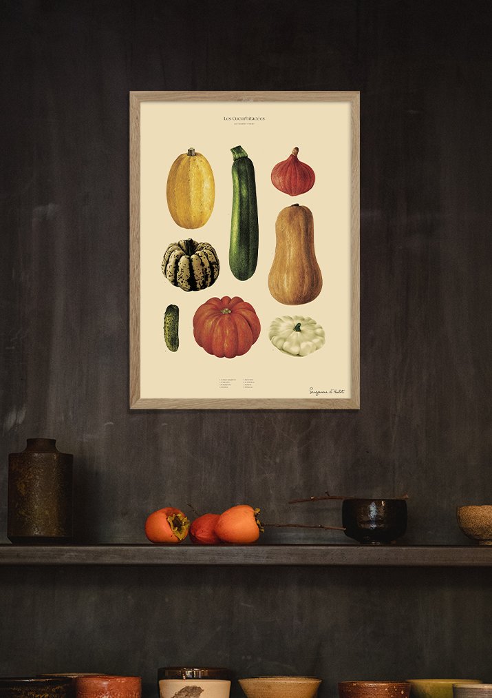 Poster de légumes anciens, encadré, mur sombre, étagère avec bols