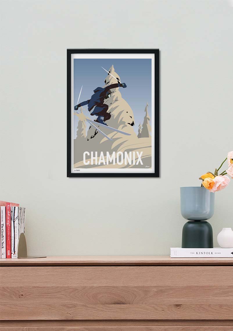 Poster de ski à Chamonix, skieur en action, montagne enneigée