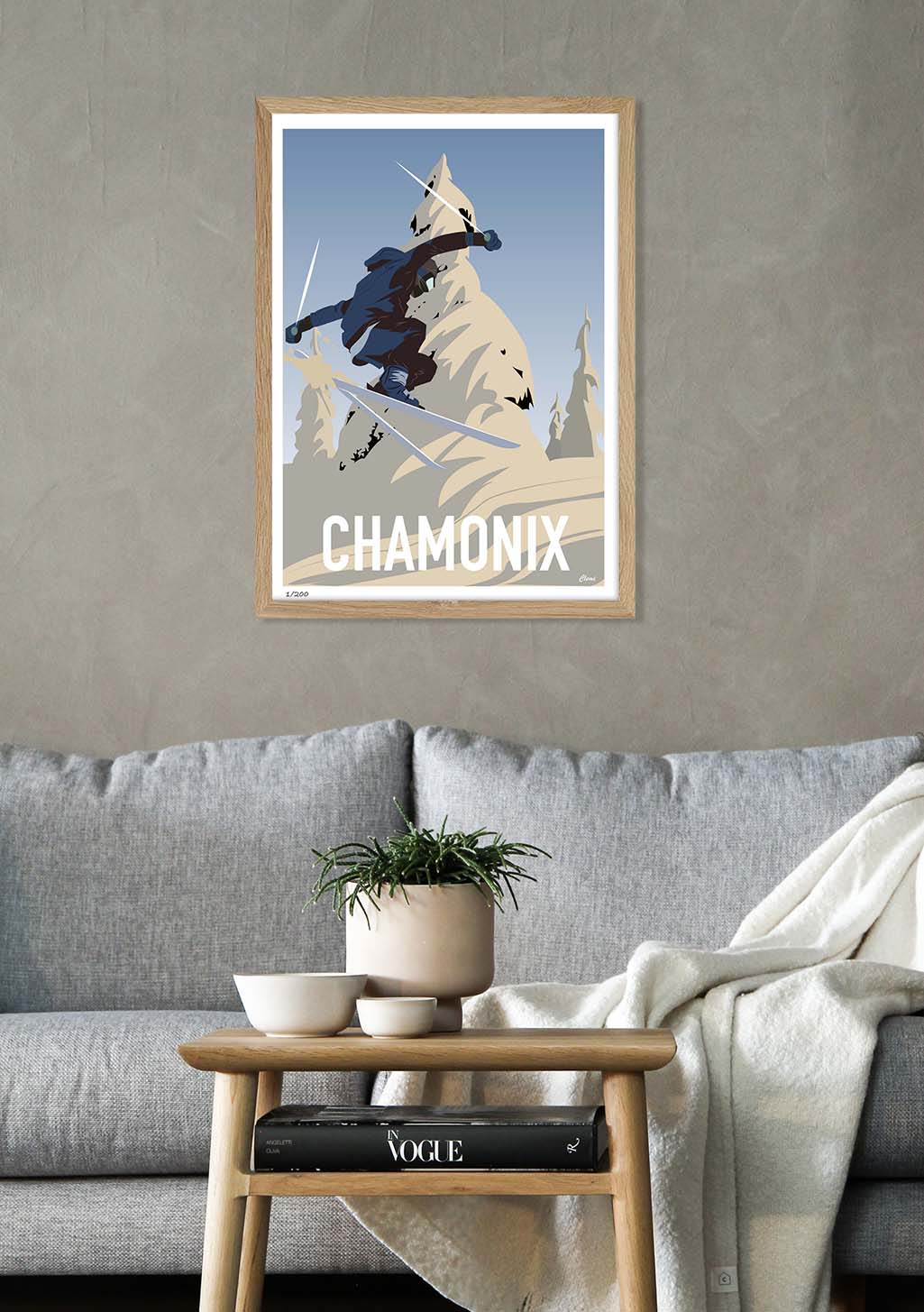Poster de ski à Chamonix, personne skiant sur une montagne