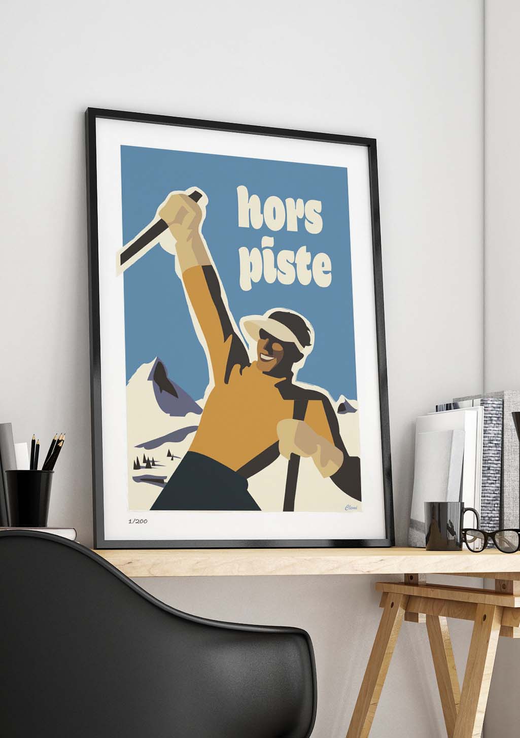 Poster de ski, homme, montagne, texte "hors piste"