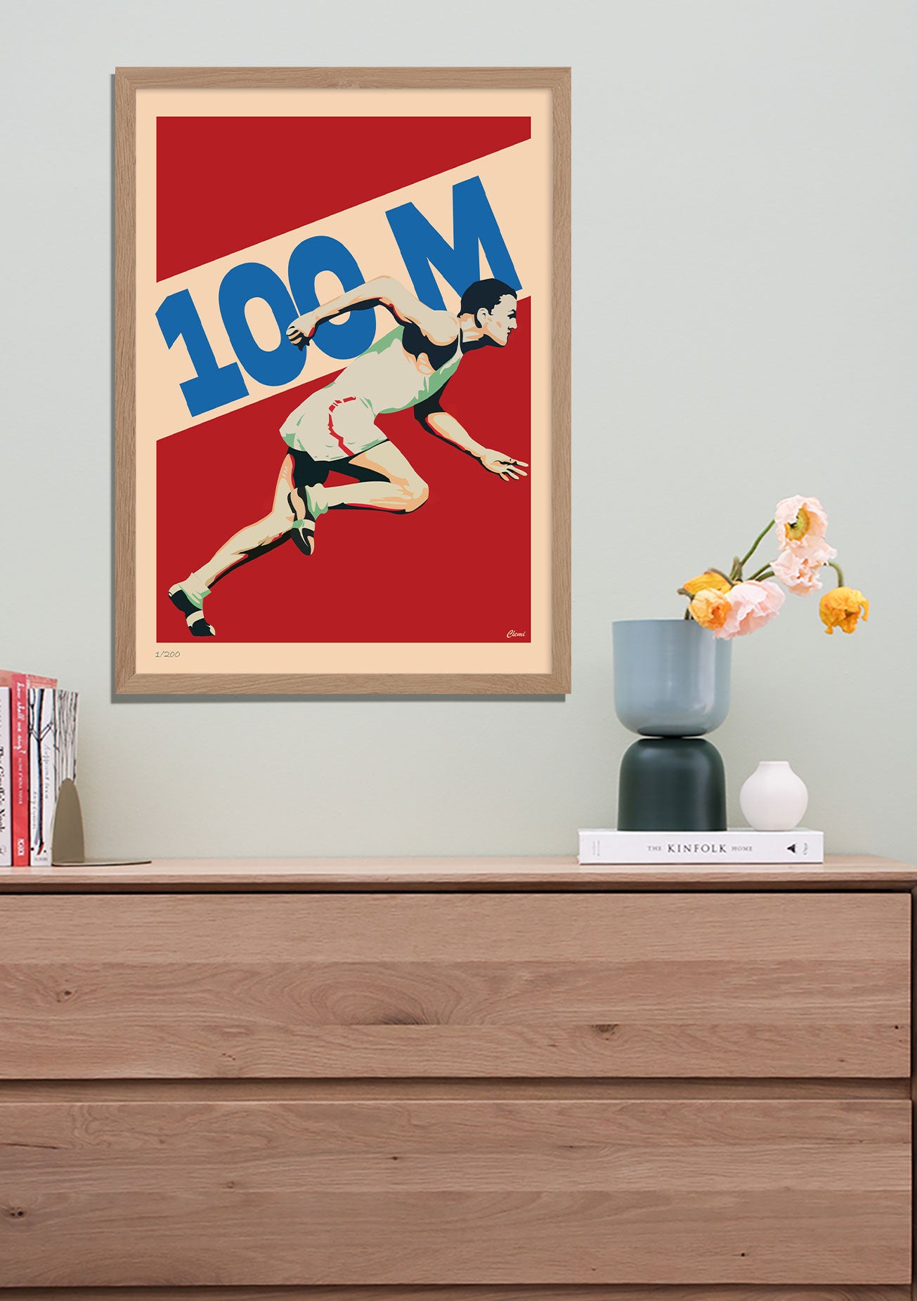 Poster de course à pied, athlète, 100 mètres, rouge, bleu, cadre en bois
