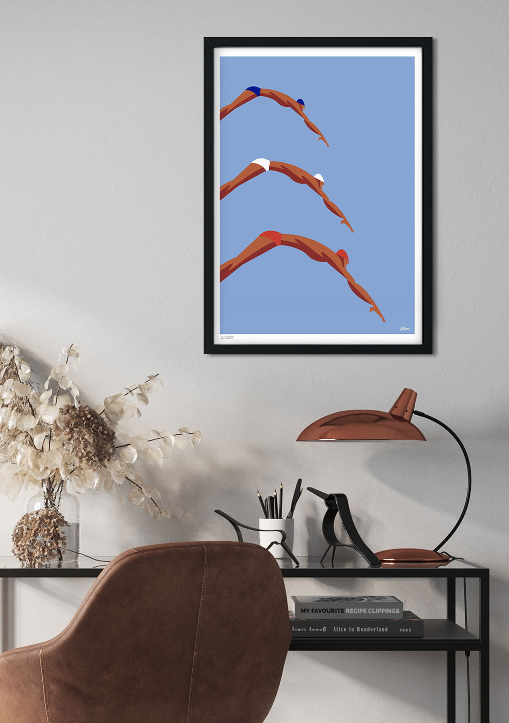 Poster abstrait avec trois arches orange sur fond bleu