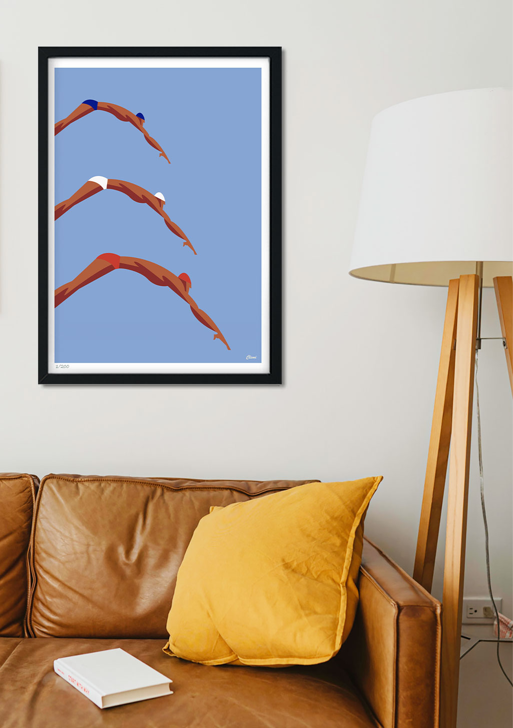 Poster abstrait avec lignes rouges sur fond bleu