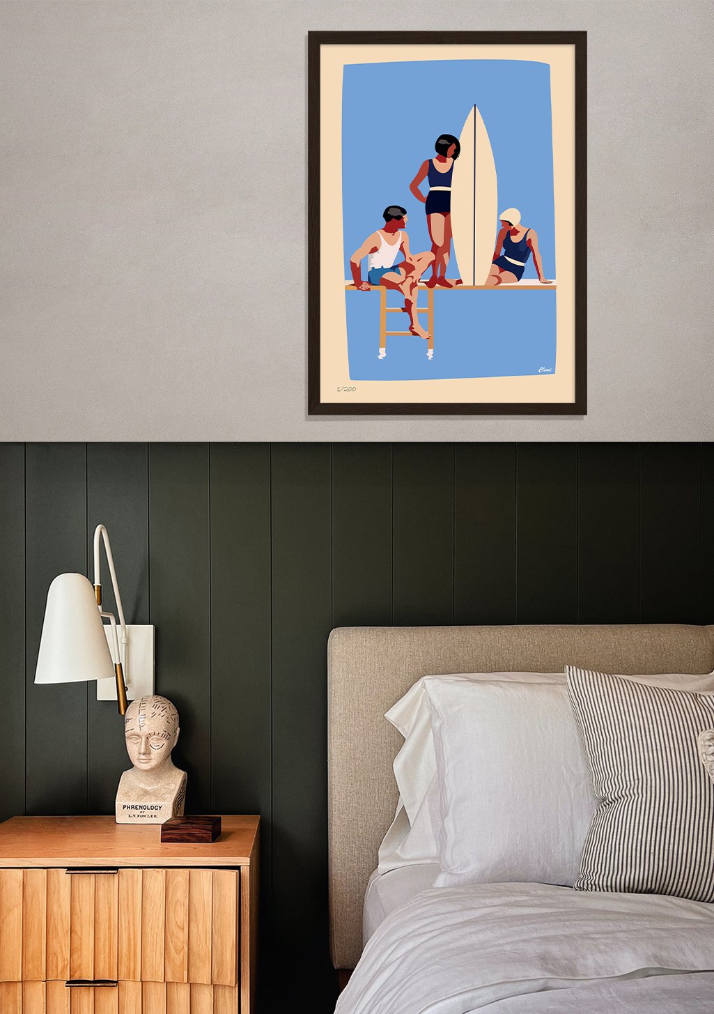 Poster de plage, trois femmes, planche de surf, bleu, style rétro