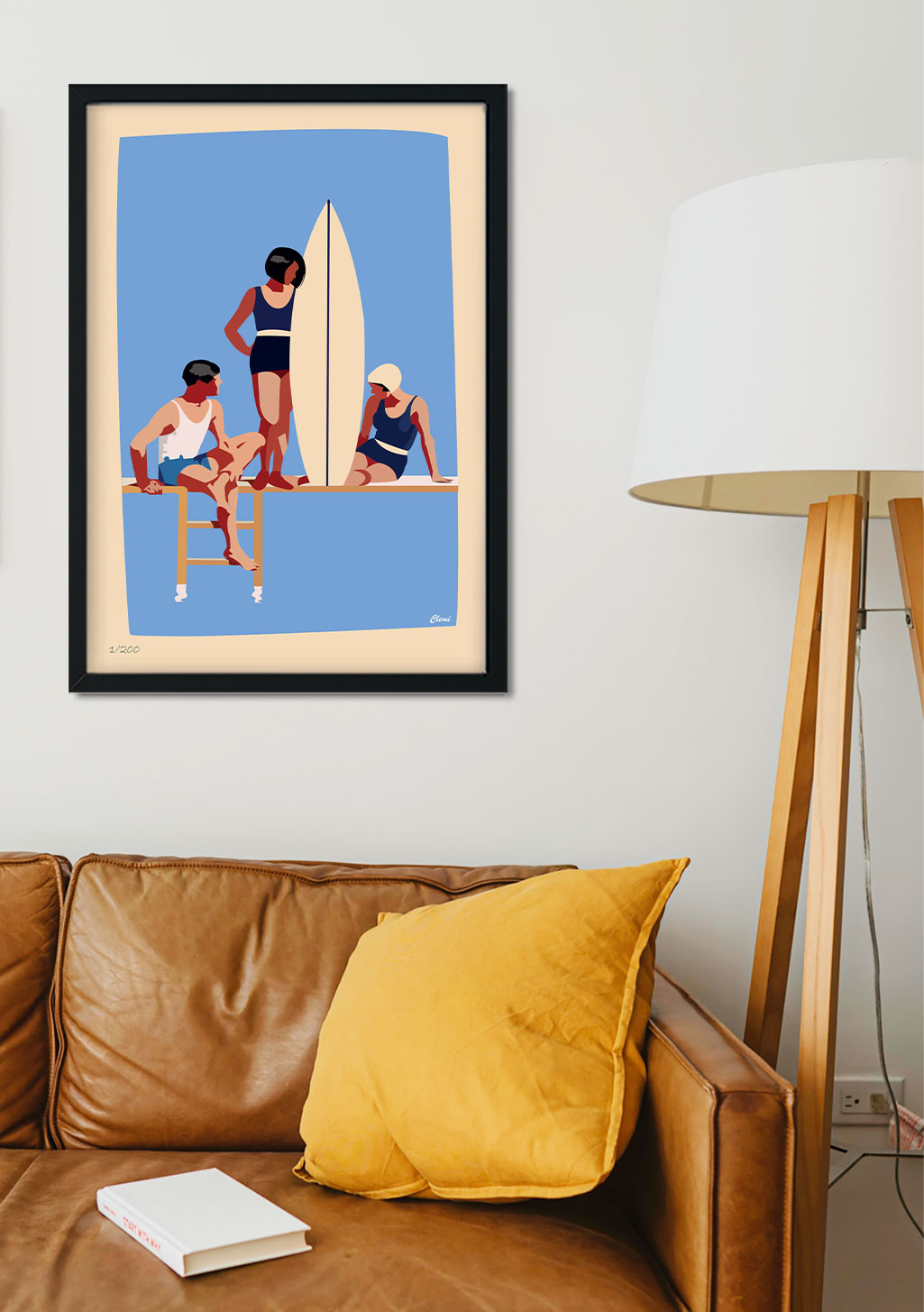 Surfeurs, plage, planche de surf, femmes, maillots de bain, bleu, vintage