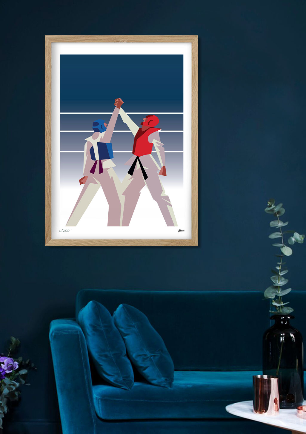 Art abstrait, deux personnes, poings levés, couleurs vives, cadre en bois