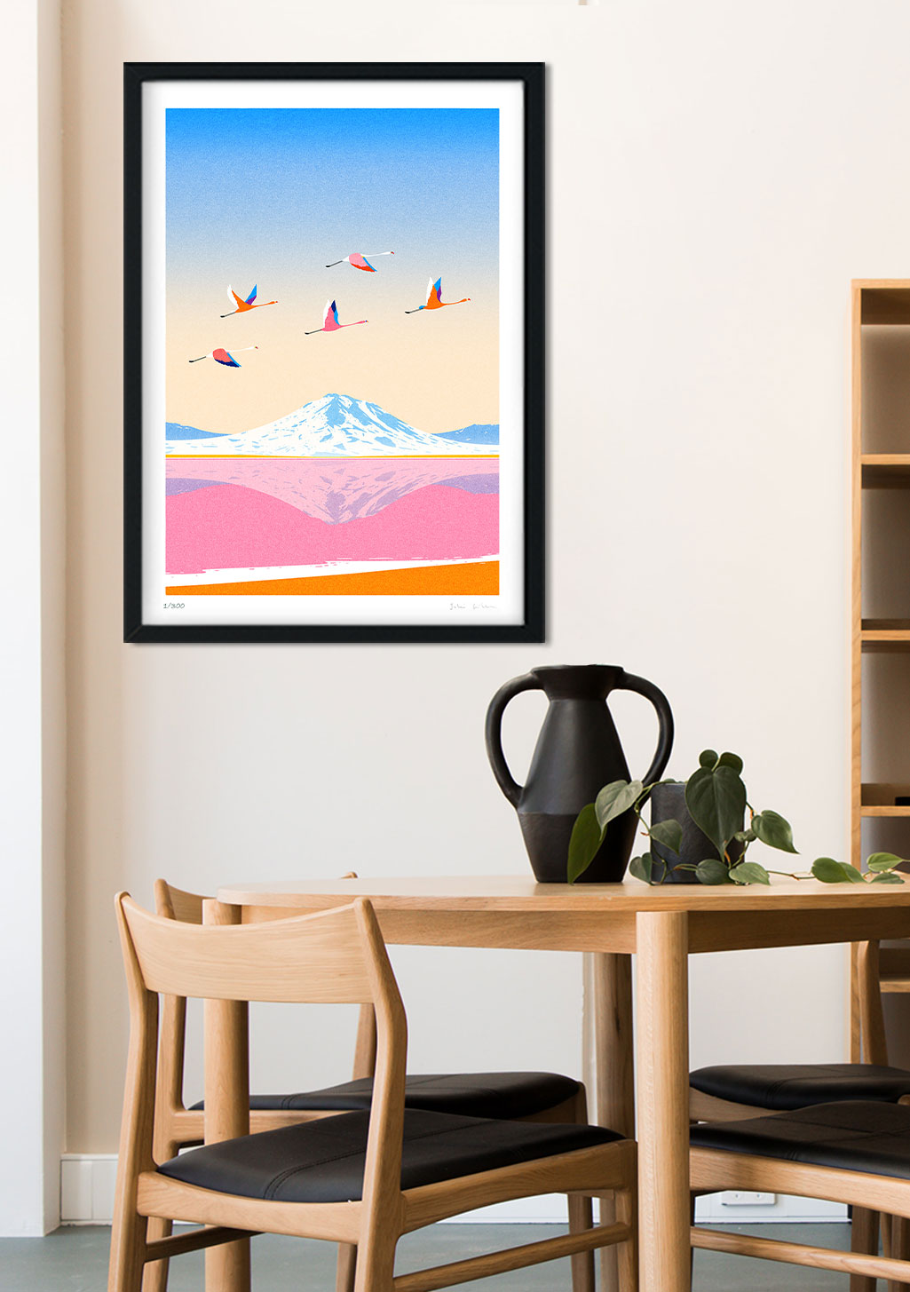 Montagne, ciel bleu, oiseaux colorés, coucher de soleil, horizon rose