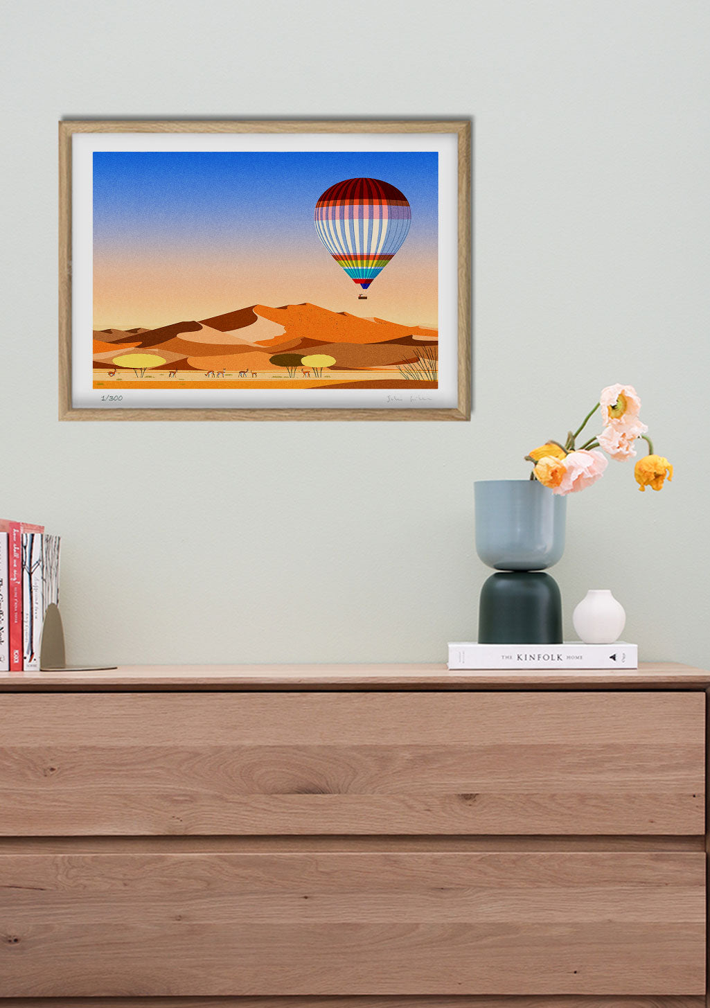 Ballon de montgolfière, désert, coucher de soleil