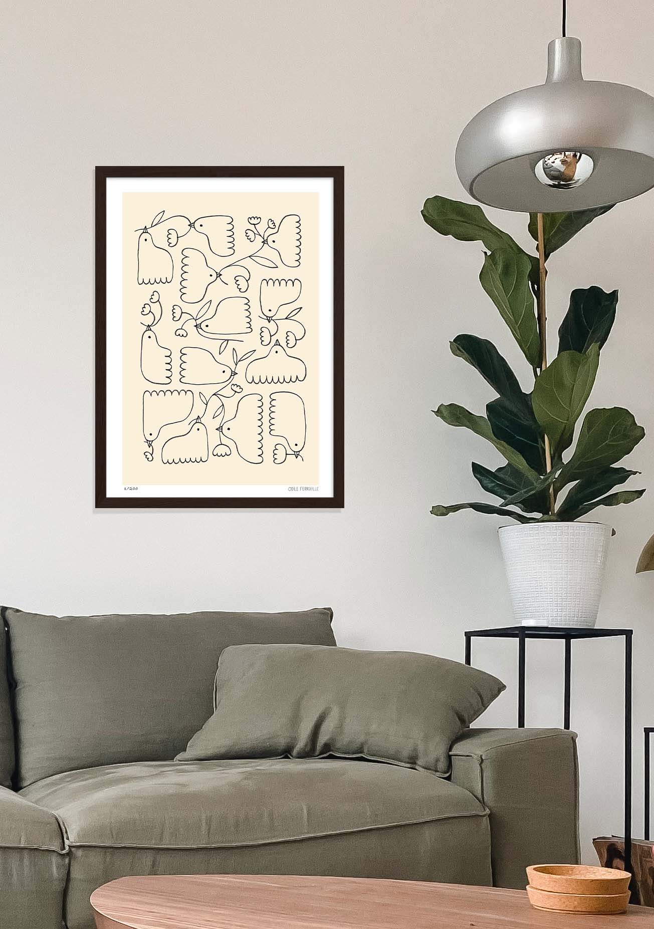 Oiseaux stylisés, dessin minimaliste, cadre noir, mur blanc