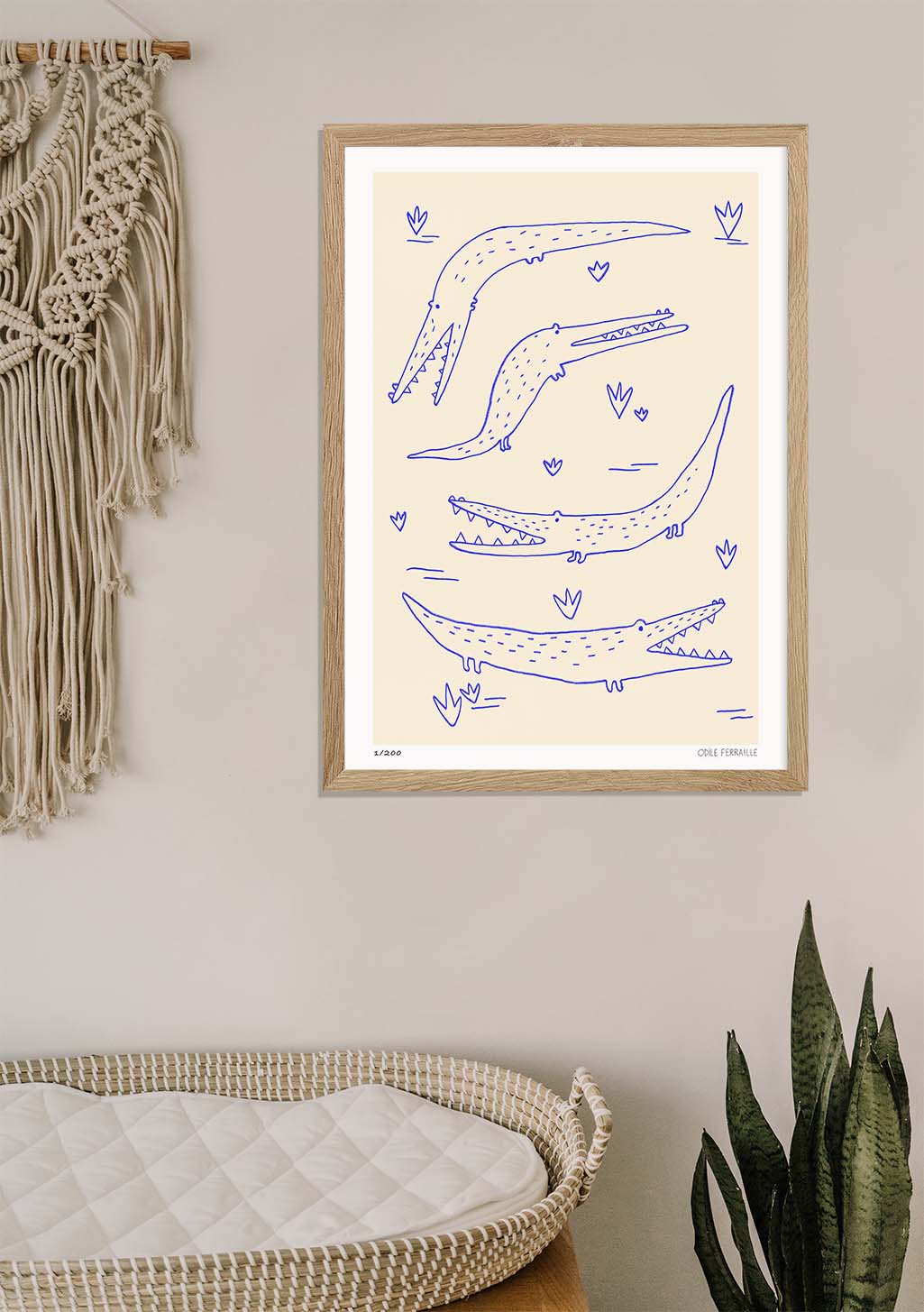 Poster de crocodiles stylisés, lignes bleues, fond beige